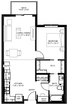 Floor plan for 1 bed, 1 bath, 740 sqft